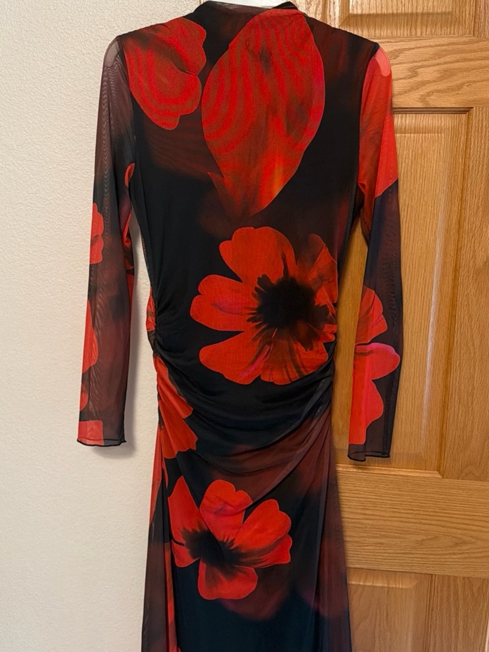 Black and Red Floral Long Sleeve Midi Dress